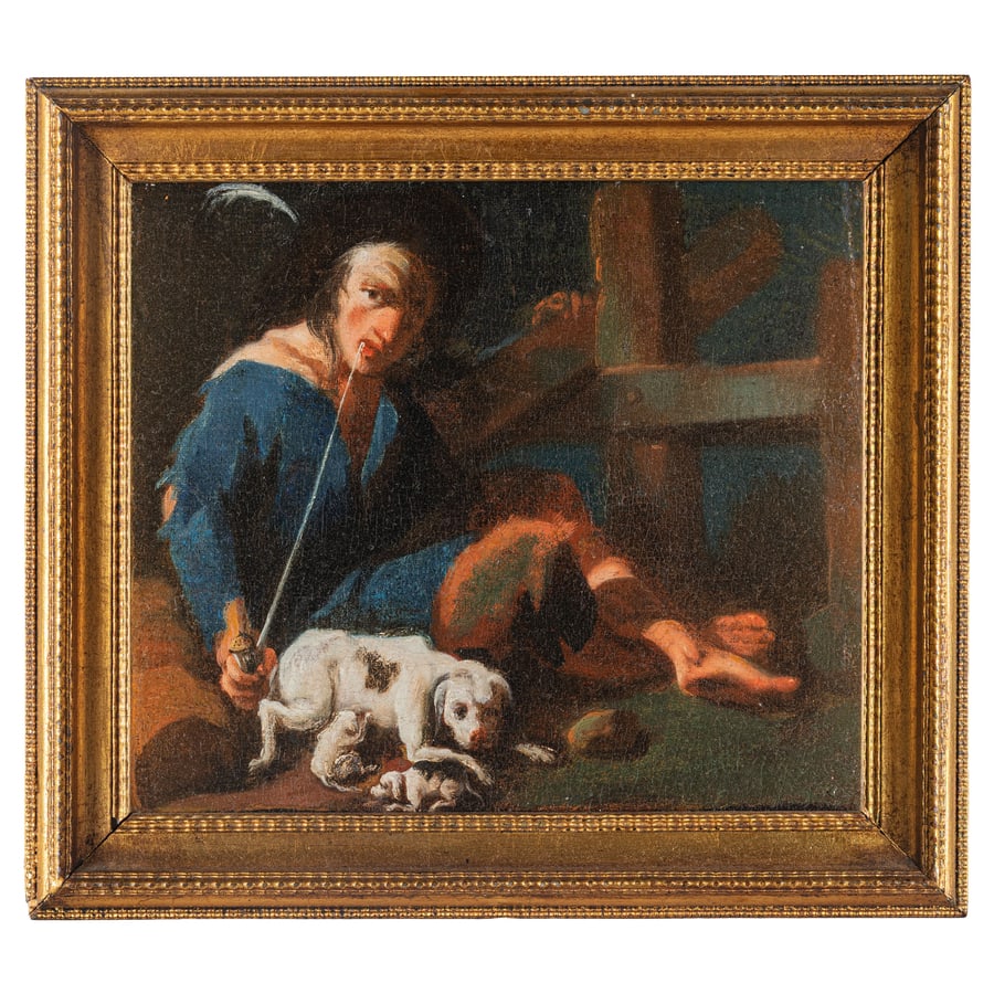 GIAMBATTISTA CROSATO: (Venezia, 1686 - 1758) Giovane mendicante che fuma la pipa Ragazza che mangia davanti al fuoco Olio su tela, cm 21,5X25 (2) Provenienza: Collezione privata Ricondotte al catalogo di Giambattista