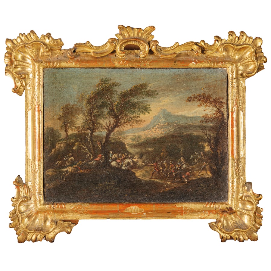 PIETRO GRAZIANI: (attivo a Roma nella seconda metà del XVII secolo) Scena di Battaglia Olio su tela, cm 20,7X29 Provenienza: Collezione Arthur U. Schrager Vienna, Dorotheum, 7-8 novembre 1991, lotto 13 (come