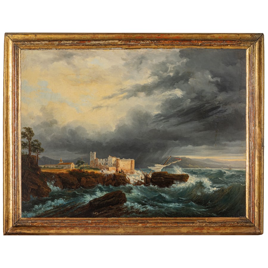 PITTORE DEL XVIII-XIX SECOLO: Veduta costiera con naufragio Firmato in basso al centro Olio su tela, cm 52X70 Provenienza: Collezione privata