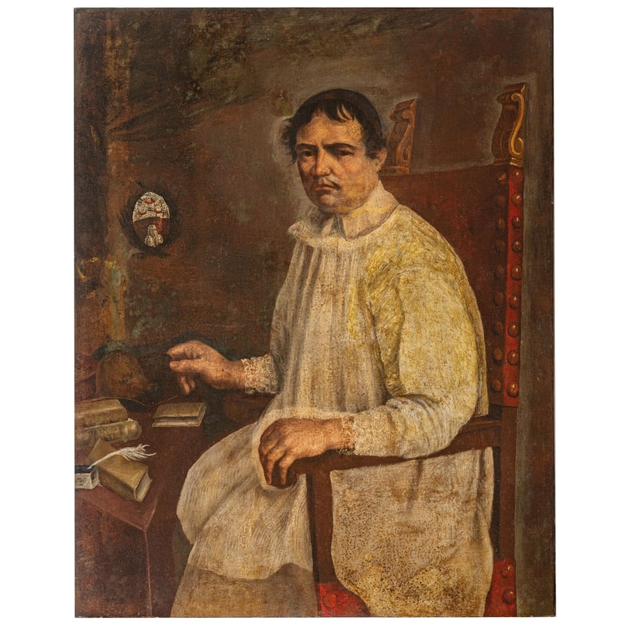 PITTORE ROMANO DEL XVII SECOLO: Ritratto di prelato con stemma della famiglia Crescenzi-Albani Olio su tela, cm 117X92,3 Provenienza: Collezione privata Il ritratto si rivela quanto mai arcaico per la tipologia illustrativa e