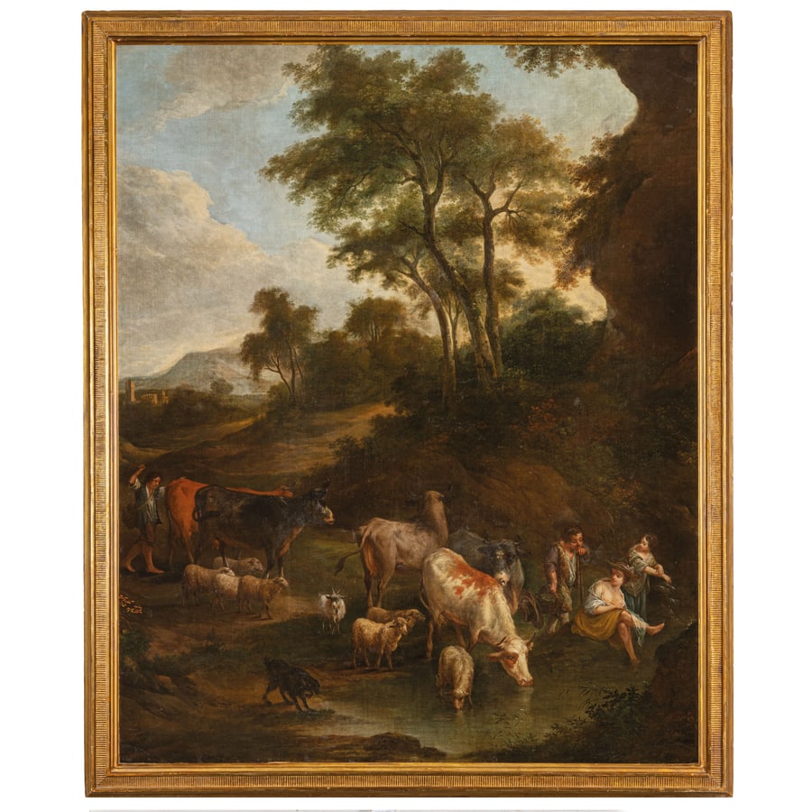 JACOB XAVERY: (L'Aia, 1736 - 1771) Paesaggio pastorale Olio su tela, cm 181X147 Provenienza: New York, Sotheby's, 11 ottobre 1990, lotto 34 (come Jacob Xavery) Milano, collezione privata Formatosi con il padre Jan