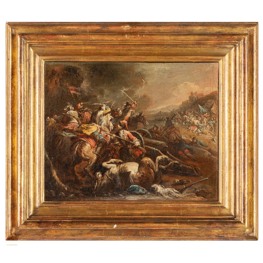 NICOLA BERTUZZI detto L'ANCONETANO: (Ancona, 1710 circa - Bologna, 1777) Battaglie tra cavallerie turche ed europee Olio su carta applicata su tela, cm 33X41 (2) Allievo di Vittorio Maria Bigari, Nicola Bertuzzi fu celebre pittore di