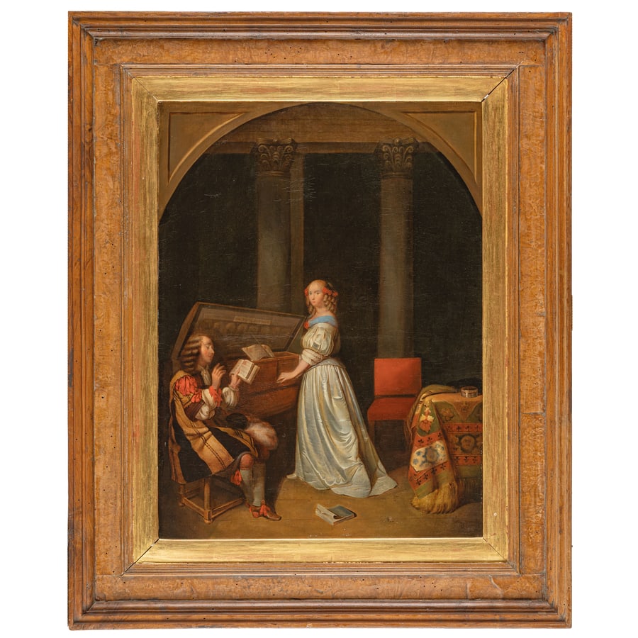 GERARD TER BORCH II: (Zwolle, 1617 - Deventer, 1681) La lezione di musica Firmato e datato in basso a destra: 'G Ter Borch 1673' Olio su tela, cm 61X45,5 Formatosi nella bottega paterna, Borch si specializzò nella