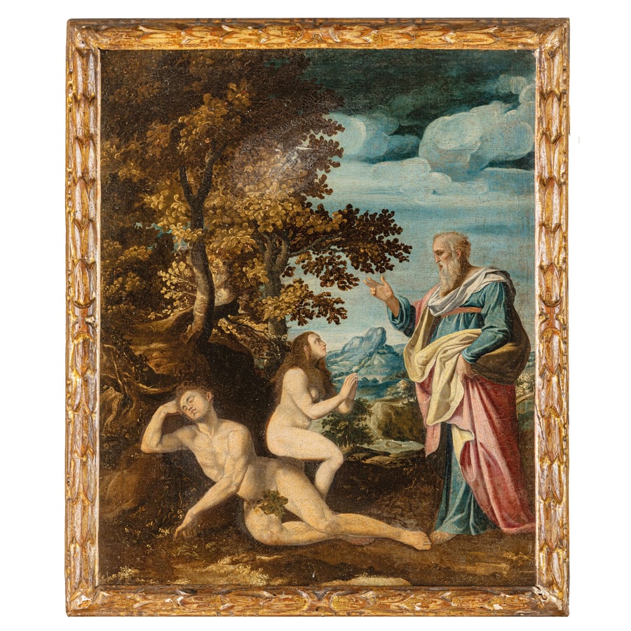GALEAZZO GHIDONI (attr. a): (documentato a Cremona dal 1583 - 1651?) Creazione di Adamo e Eva Olio su tela, cm 64,5X52,2 L'opera reca una inattesa e quanto mai interessante attribuzione al pittore cremonese Galeazzo Ghidoni,