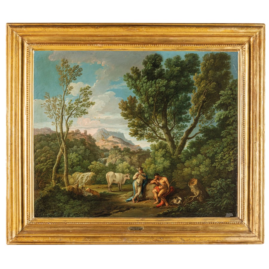 ANDREA LOCATELLI: (Roma, 1695 - 1741) Mercurio e Argo Olio su tela, cm 63,5X75 Provenienza: Vienna, Dorotheum, 25 aprile 2017, lotto 406 (come Andrea Locatelli) L'opera esprime una felicità pittorica intensa e per