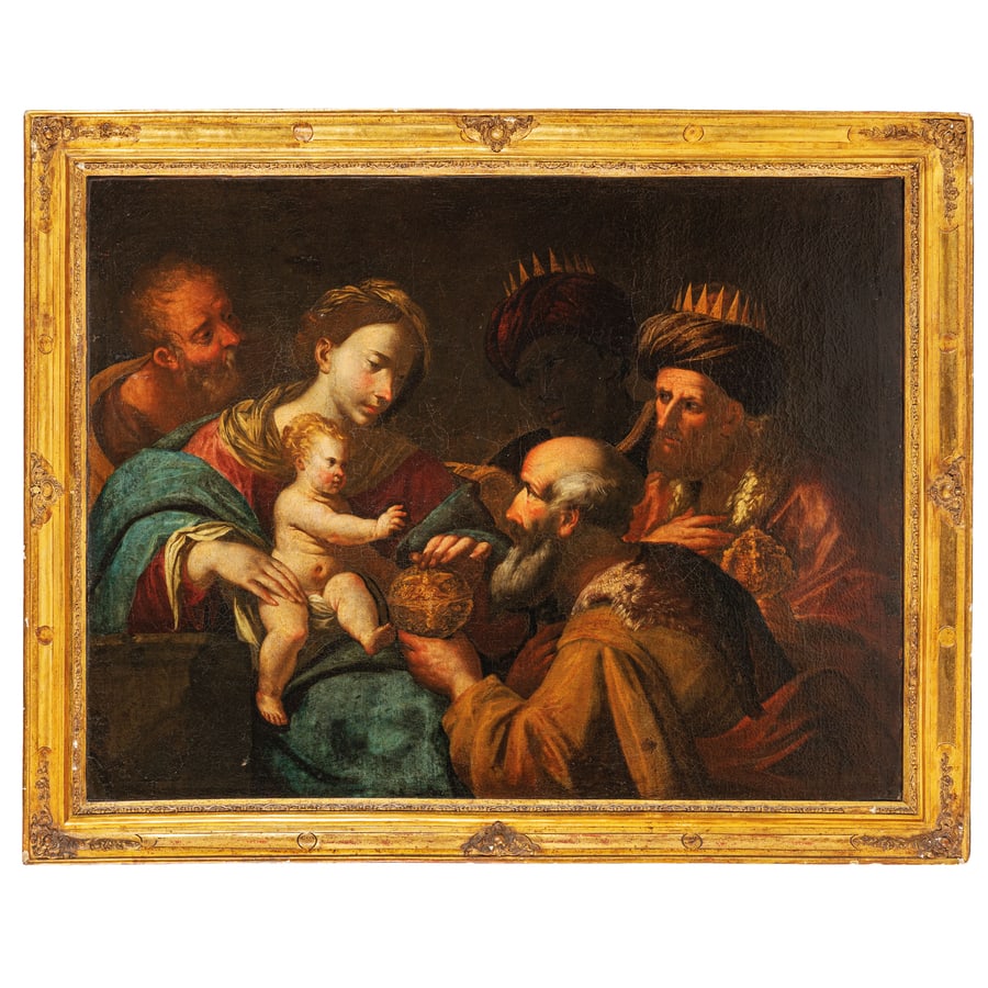 STEFANO PERAGINE: (attivo a Roma durante la seconda metà del XVII secolo) Adorazione dei Magi Olio su tela, cm 98,3X127,5 La tela è una interessante aggiunta al catalogo di Stefano Peragine, artista