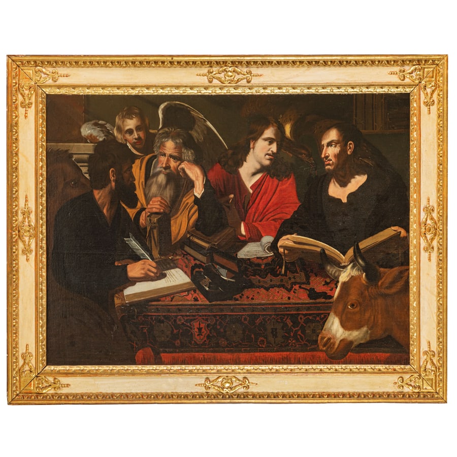 ARTUS WOLFFORT (attr. a): (Anversa, 1581 - 1641) I quattro Evangelisti Olio su tela, cm 123X170,5 Artus Wolffort fu un pittore di composizioni religiose e quadri di genere, che ricoprì un ruolo di rilievo durante