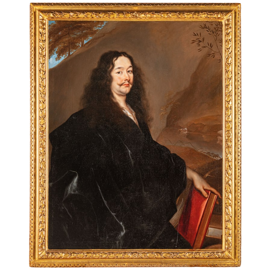ANTOINE MATHIEU: (Londra, 1631 - Parigi o Londra, 1673) Ritratto di Monsieur Doublet Firmato 'A. Mathieu' sulla costa del libro Olio su tela, cm 118X90,5 Sul verso reca la scritta coeva con datazione: 'le 14ième