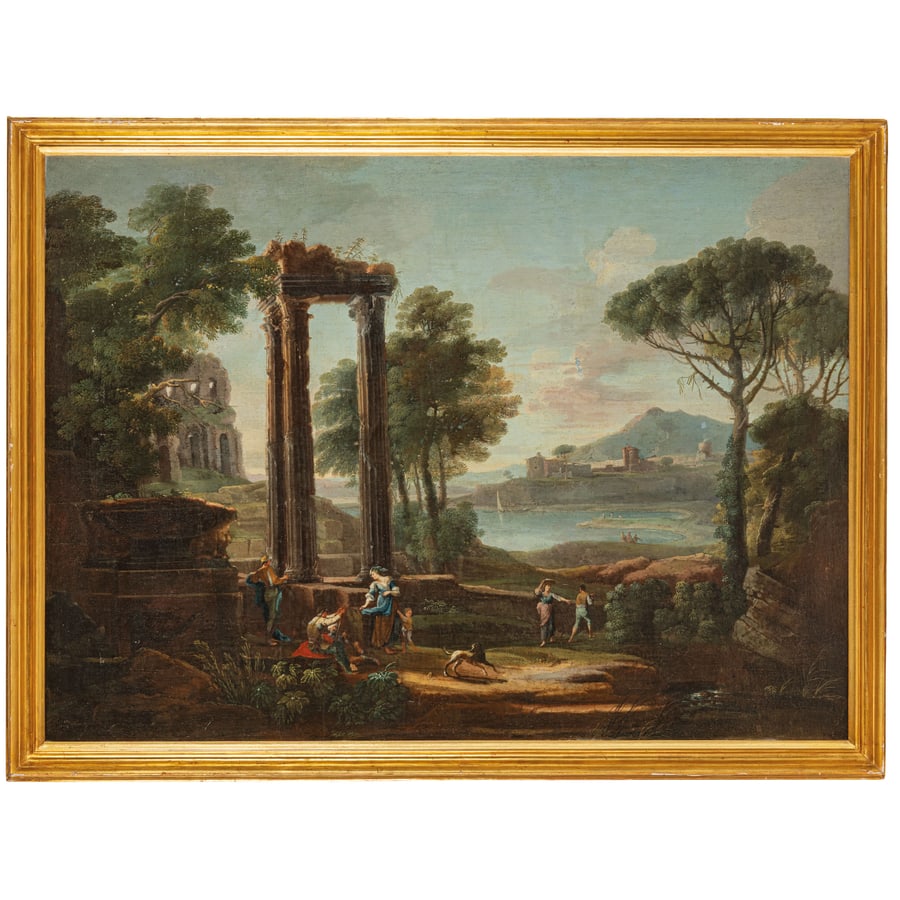 PAOLO ANESI (attr. a): (Roma, 1697 - 1773) Paesaggio arcadico con rovine Olio su tela, cm 98X135 Vedi scheda al lotto successivo.