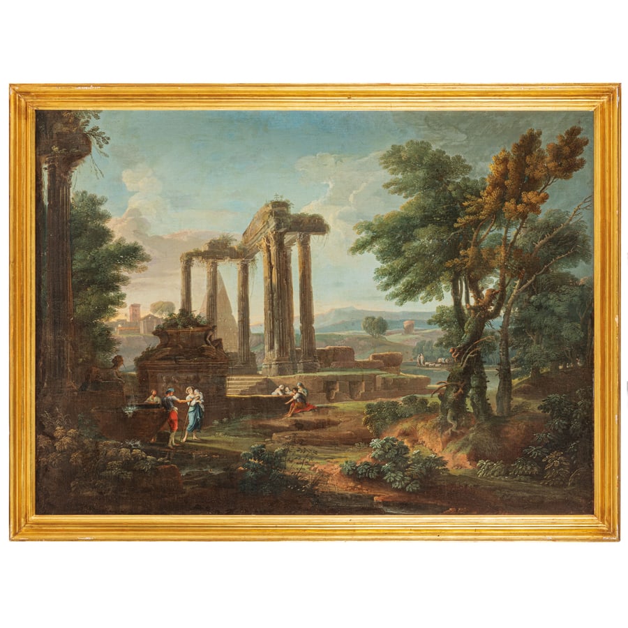 PAOLO ANESI (attr. a): (Roma, 1697 - 1773) Paesaggio arcadico con rovine Olio su tela, cm 98X135 Paolo Anesi è stato rivalutato a partire dagli studi condotti da Busiri Vici, che ha colto le qualità pittoriche e