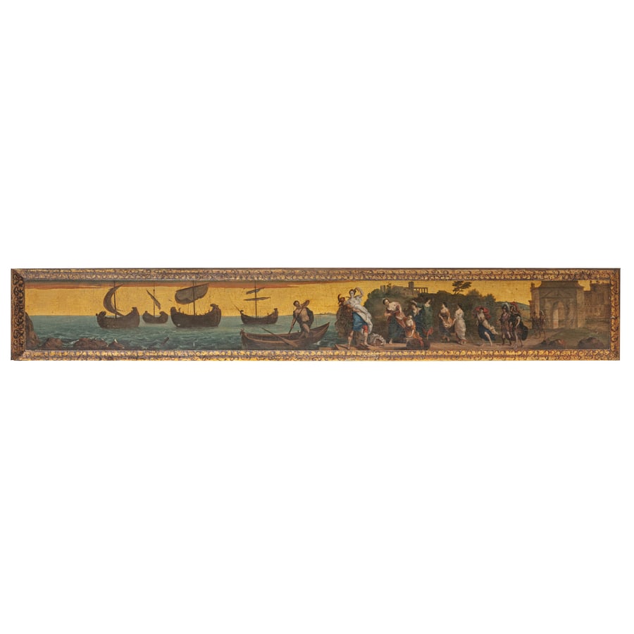 FEDELE FISCHETTI (attr. a): (Napoli, 1732 - 1792) Ratto di Elena Olio su tavola, cm 25,2X157 Provenienza: Collezione privata Fedele Fischetti fu uno dei principali artisti attivi a Napoli durante la seconda metà del