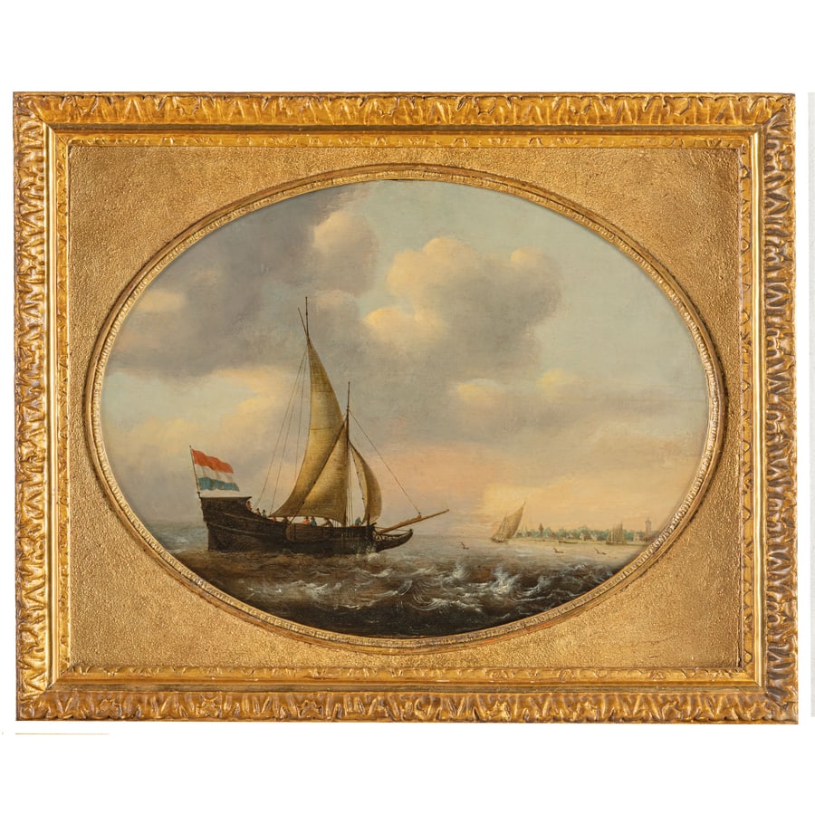 BONAVENTURA PEETERS I: (Anversa, 1614 - Hoboken, 1652) Marina Olio su tavola ovale, cm 46X61,5 Provenienza: Milano, collezione privata La tavola raffigura una veduta marina con un vascello e manifesta la sua diretta