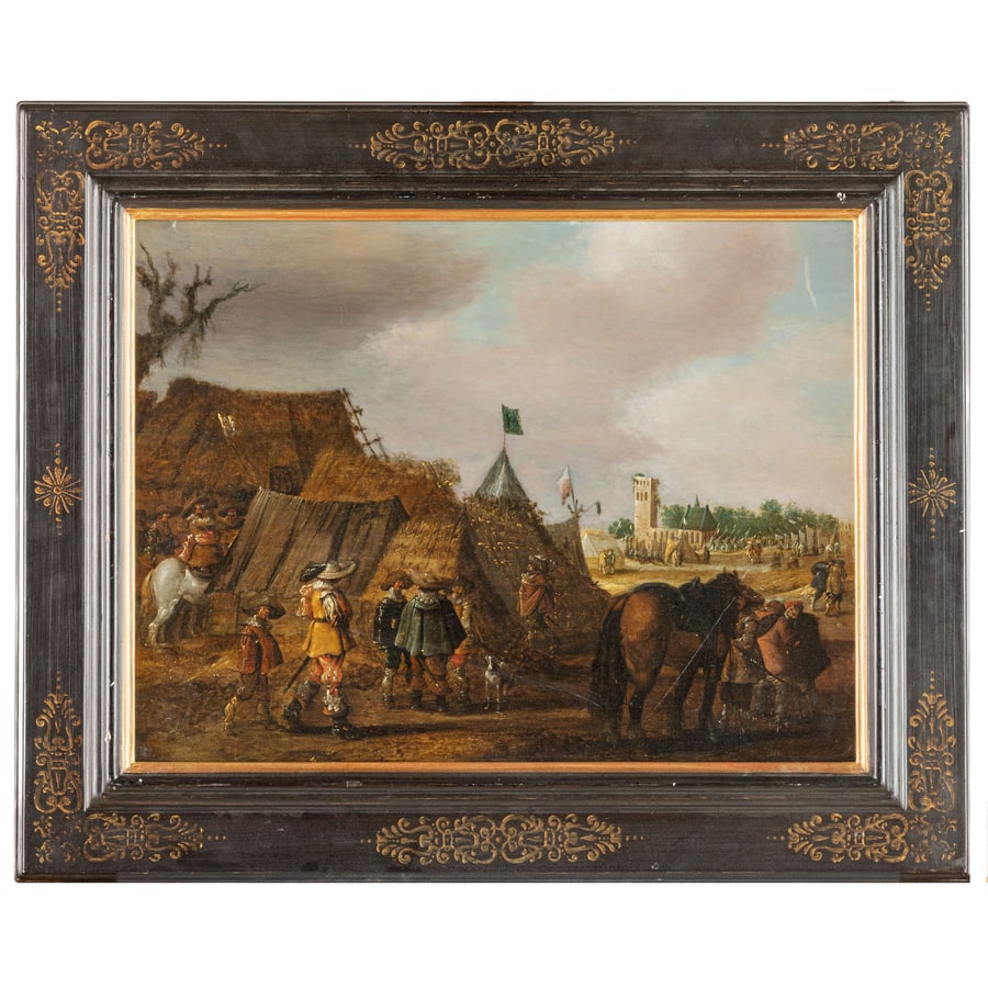 ESAIAS VAN DE VELDE I (attr. a): (Amsterdam, 1587 - L'Aia, 1630) Accampamento militare Olio su tavola, cm 37,8X49,5 Provenienza: Bruxelles, collezione Madeleine Schaubroeck fino al 1927 (come Esaias van de Velde 1927) Bruxelles,