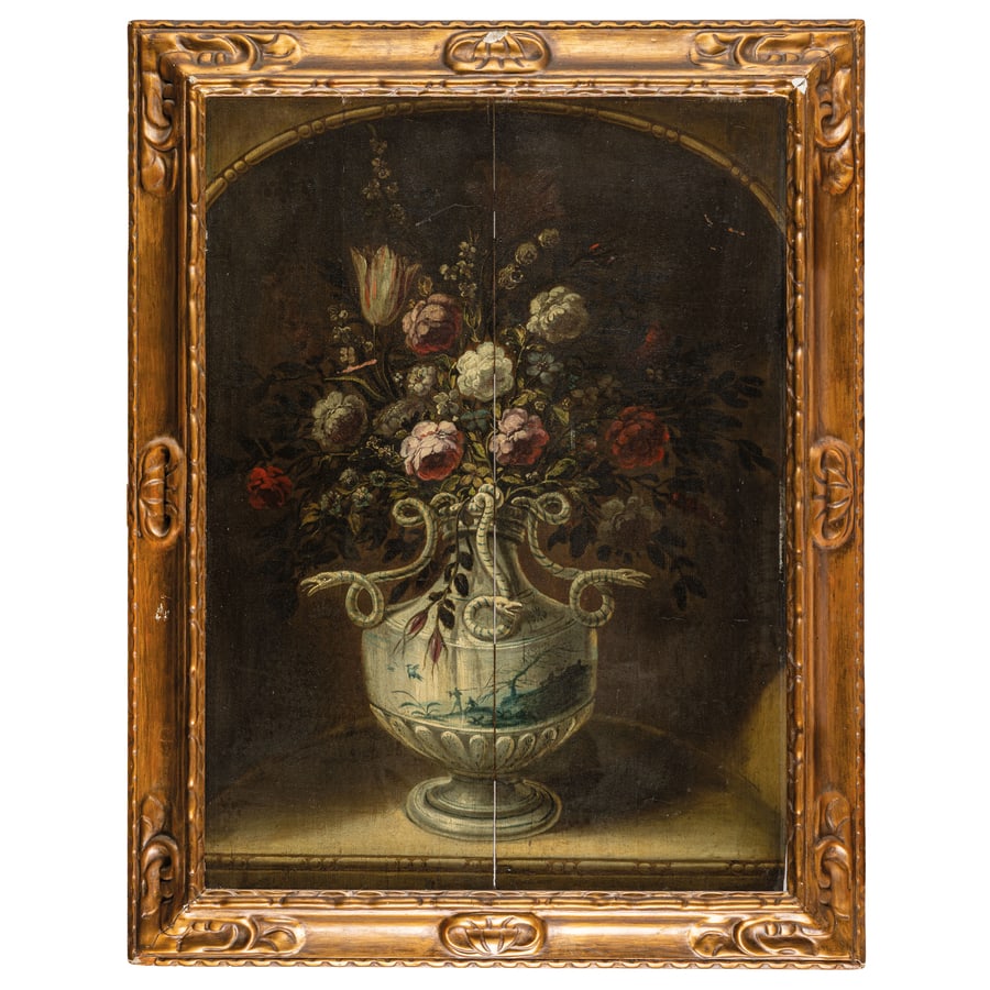 GABRIEL DE LA CORTE (attr. a): (Madrid, 1648 - 1694) Vaso fiorito Olio su tavola, cm 92X67 Gabriel de la Corte apparteneva a una famiglia di pittori fiamminghi attiva a Madrid dal regno di Filippo III. Frequentò la bottega