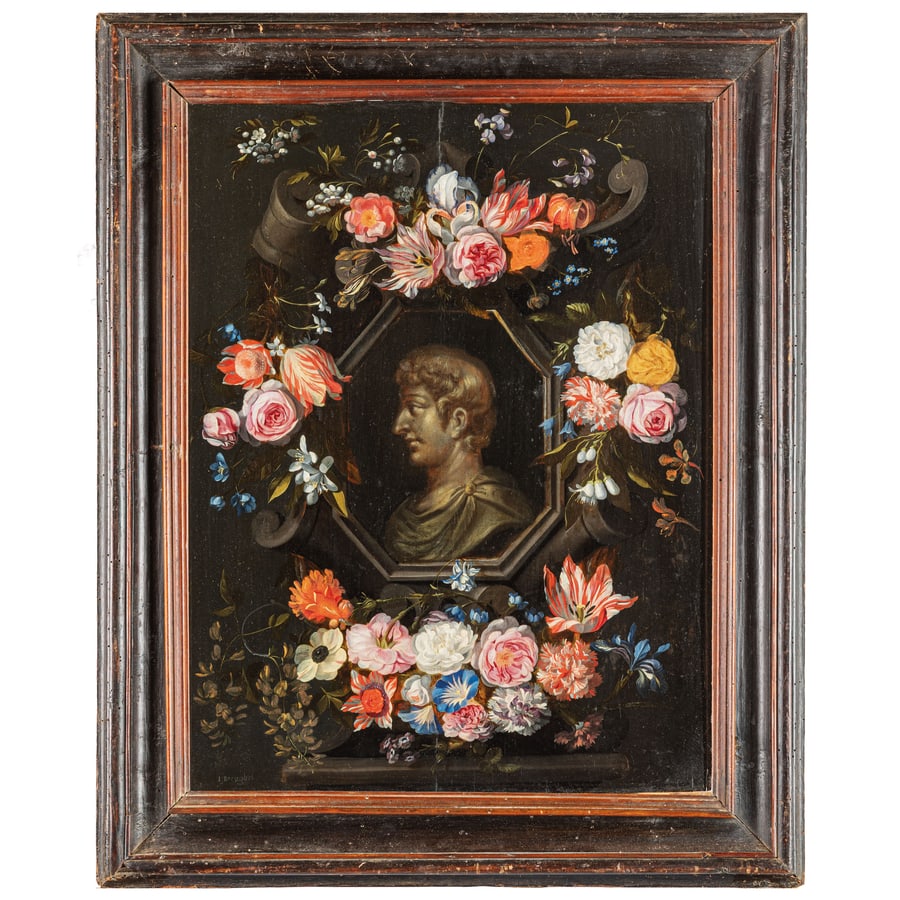 JAN BRUEGHEL IL GIOVANE (per il brano floreale): (Anversa, 1601 - 1678) & Collaboratore di Jan Brueghel il Giovane (per il profilo all'interno della Ghirlanda) Ghirlanda fiorita con profilo marmoreo di imperatore (1650 circa) Olio su tavola, cm