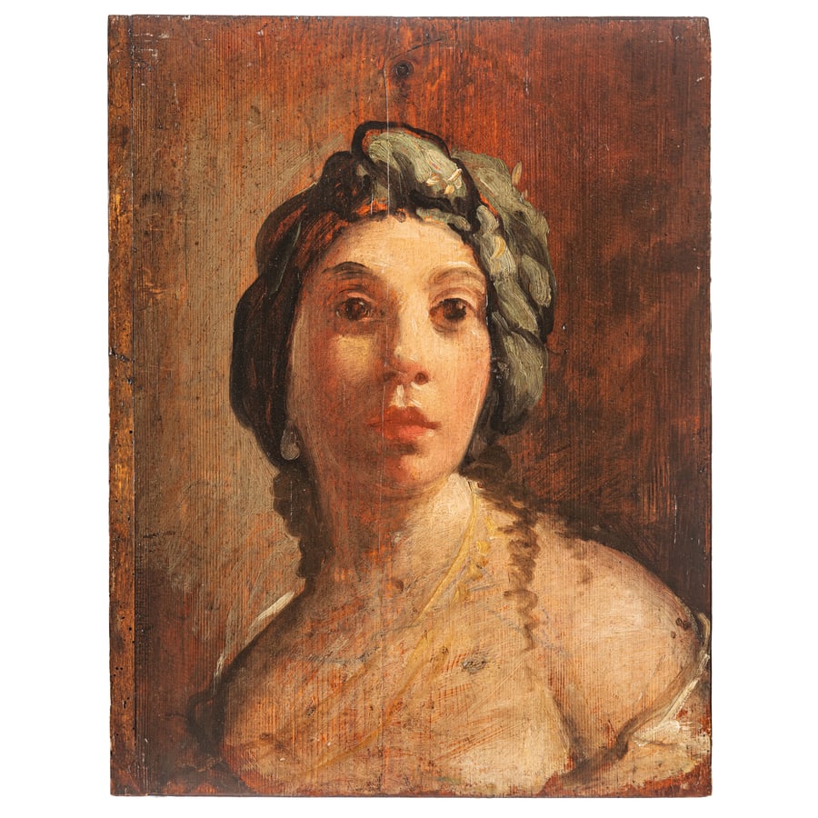 GIOVANNI ANTONIO BURRINI (attr. a): (Bologna, 1656 - 1727) Ritratto abbozzato di giovane donna con turbante Olio su tavola, cm 58X44,8 Provenienza: Collezione privata Il dipinto esibisce una straordinaria sprezzatura, risolto con