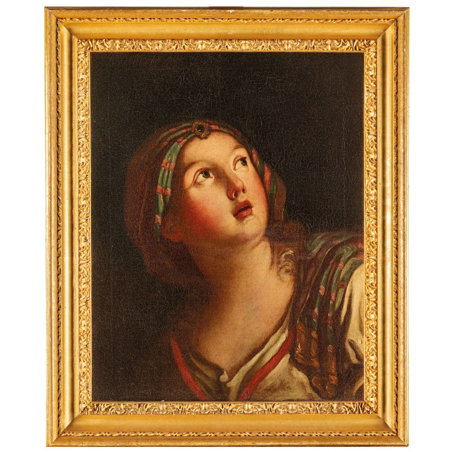 PIETRO ROTARI: (Verona, 1707 - San Pietroburgo, 1762) Studio di testa femminile Olio su tela, cm 48,9X38,7 Reca cartellino sul verso con iscritto: '8. drappo in tessuto Pietro Rotari'. Allievo a Verona