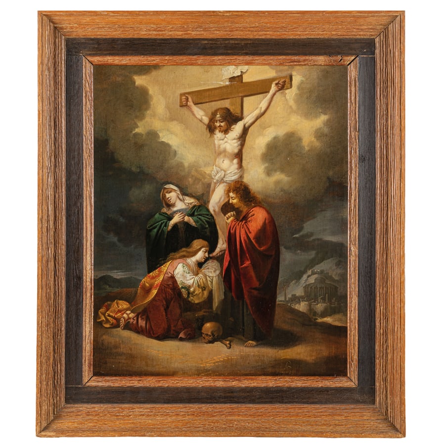 PIETER JANSZ QUAST: (Amsterdam, 1605/1606 - 1647) Crocifissione Siglato e datato in basso a destra: 'PQ 633' Olio su tavola, cm 52X42 Provenienza: Schiedam, G. J. Naderpelt (circa 1915) Schiedam C. H. Schwagerman (circa