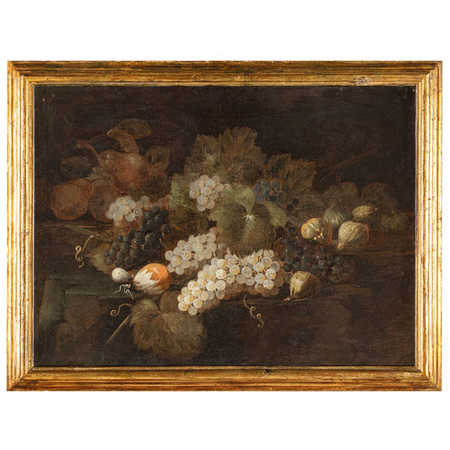 MARCANTONIO RIZZI: (Pralboino, 1649 - Montemartino in Val Tidone, 1723) Natura morta con uva, fichi e un fungo Olio su tela, cm 55X74,5 Provenienza: Vienna, Dorotheum, 6 ottobre 1999, lotto 138 (come Marcantonio Rizzi)