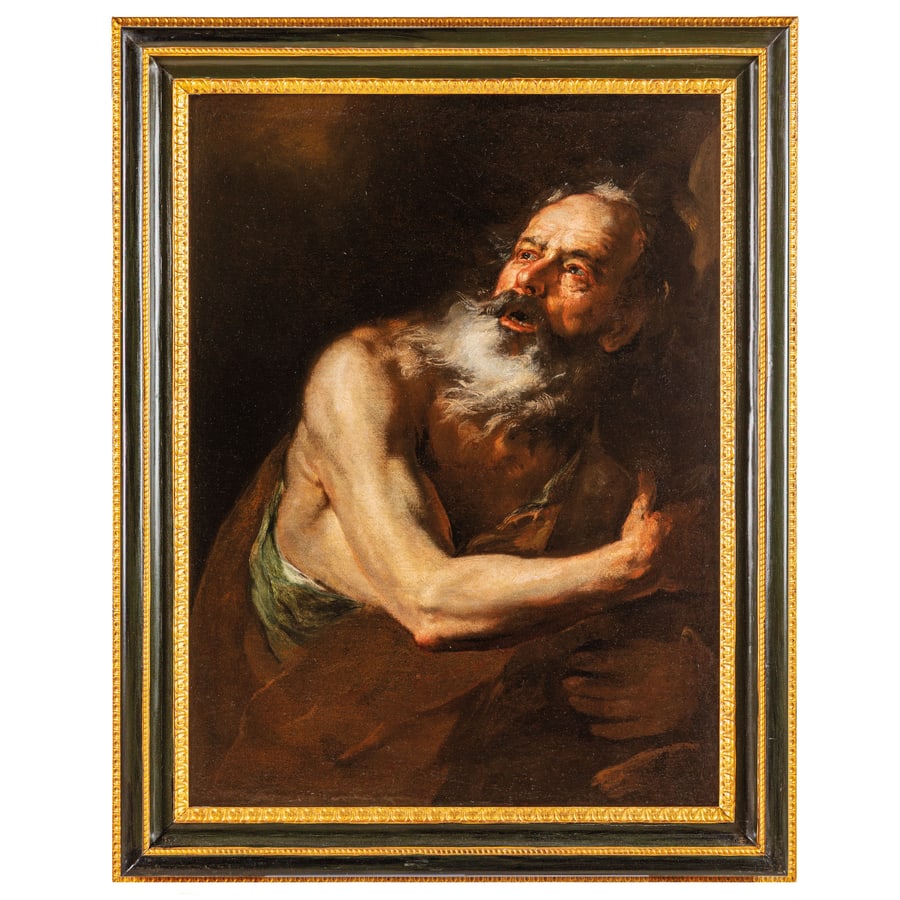 PITTORE CARAVAGGESCO DEL XVII SECOLO: San Girolamo Olio su tela, cm 98,5X73,5 Il dipinto raffigura San Gerolamo, soggetto eccellente per gli artisti dediti a dipingere con crudo naturalismo le sofferenze del corpo e l'estasi. Per questo
