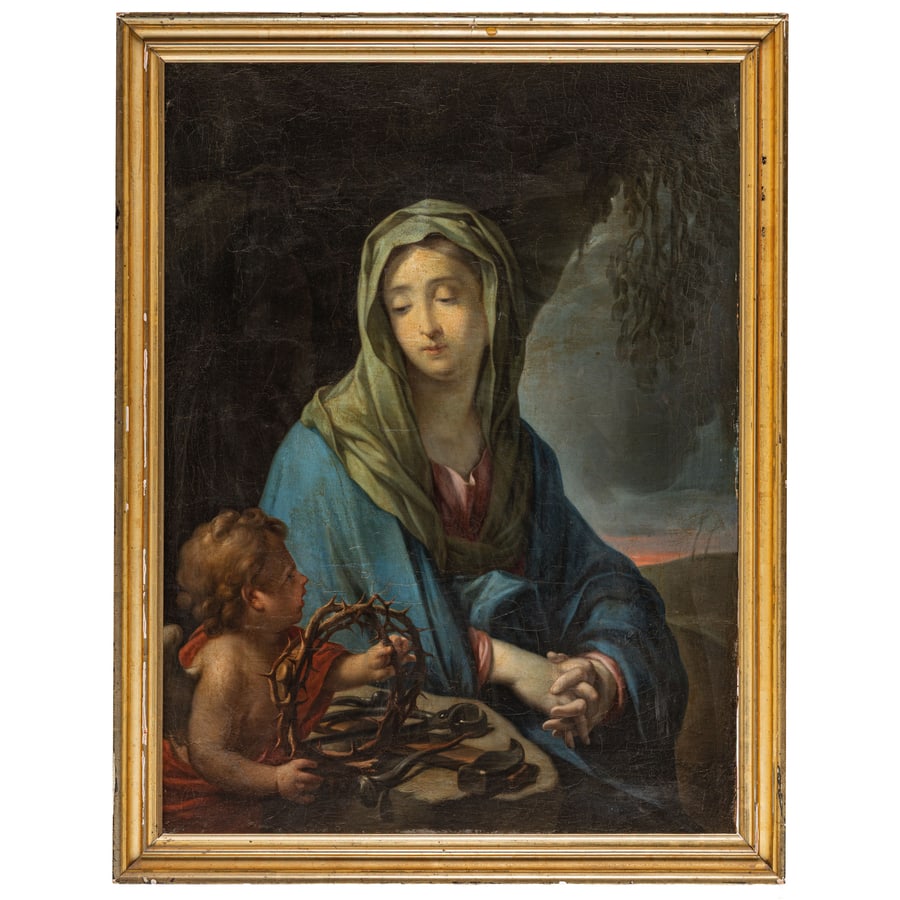 FRANCESCO TREVISANI (attr. a): (Capodistria, 1656 - Roma, 1746) Maria Vergine e un angelo con gli strumenti della Passione Olio su tela, cm 100X74,5 Provenienza: Genova, collezione privata Il dipinto trova confronto con la