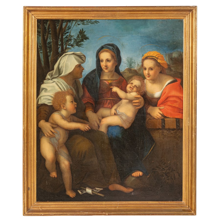 PITTORE DEL XVII-XVIII SECOLO: Madonna con il Bambino, Sant'Elisabetta, Santa Caterina e San Giovannino Olio su tela, cm 100,5X81
