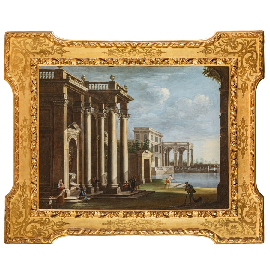 VIVIANO CODAZZI: (Bergamo, 1604 circa - Roma, 1670) Capricci architettonici con figure Olio su tela, cm 111,5X151,5 (2) Provenienza: Collezione privata Ricondotte al catalogo di Viviano Codazzi da Alessandro Agresti,