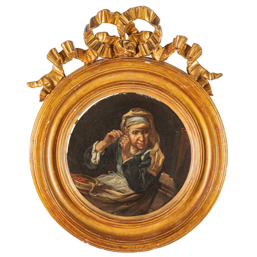 BERNARD KEILHAU detto MONS? BERNARDO: (Helsingør, 1624 - Roma, 1687) Allegoria della vista Olio su tavola, diam. cm 36,5 Provenienza: Amsterdam, Christie's, 14 maggio 2002, lotto 50 (come Bernard Keilhau) Milano, collezione privata