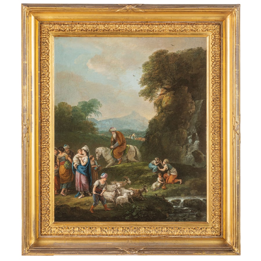 FRANCESCO ZUCCARELLI: (Pitigliano, 1702 - Firenze, 1788) Paesaggio con figure Olio su tela, cm 61,5X51 Provenienza: Museum of Fine Arts (secondo il Nederlands Instituut voor Kunstgeschiedenis) New York, Sotheby's, 5