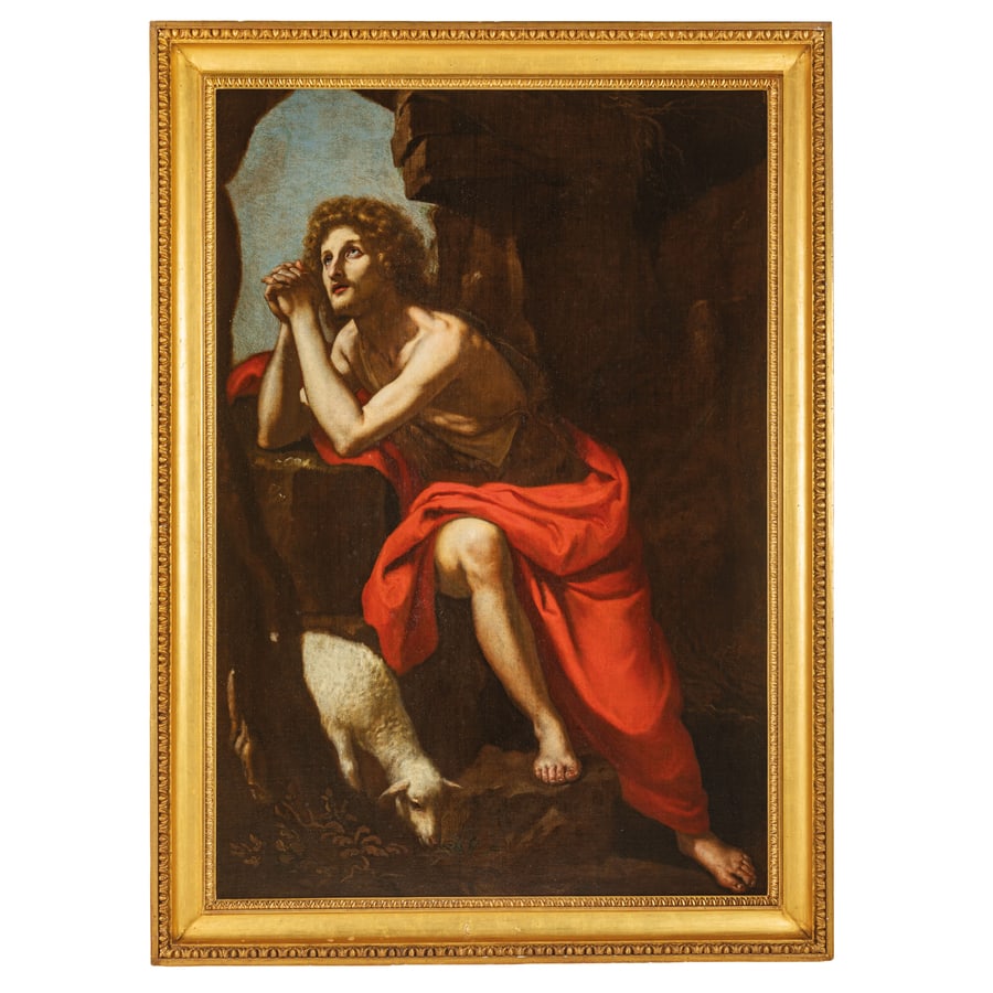 PITTORE FIORENTINO DEL XVII SECOLO: San Giovanni Battista Olio su tela, cm 169X116 L'opera ritrae San Giovanni Battista di misure quanto il vero che, avvolto da un drappo rosso, emerge dall'ombra di un anfratto roccioso. Lo stile