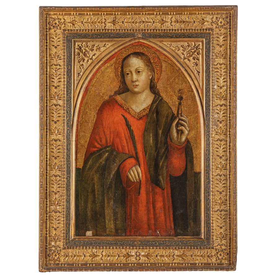 BOTTEGA TORTONESE DEI BOXILIO?: (attiva nel tortonese nel XV e il XVI secolo) Santa martire Olio su tavola, cm 62X44 Provenienza: Saronno, collezione privata L'opera si può con prudenza ricondurre alla bottega tortonese dei