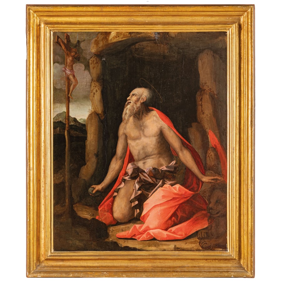 GASPARE REM: (Anversa, 1542 - Venezia, dopo 1616) San Girolamo Olio su tavola, cm 97X77 Provenienza: Stoccolma, Bukowski, 26 maggio 1999, lotto 410 (come seguace di Domenichino) Roma, collezione privata Già