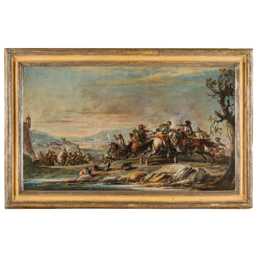 FRANCESCO SIMONINI: (Parma, 1686 - Venezia?, 1755) Battaglia Olio su tela, cm 43,5X72,6 La tela si deve riconoscere alla mano di Francesco Simonini, attribuzione avvalorata non solo dall'analisi stilistica, che porta ad 