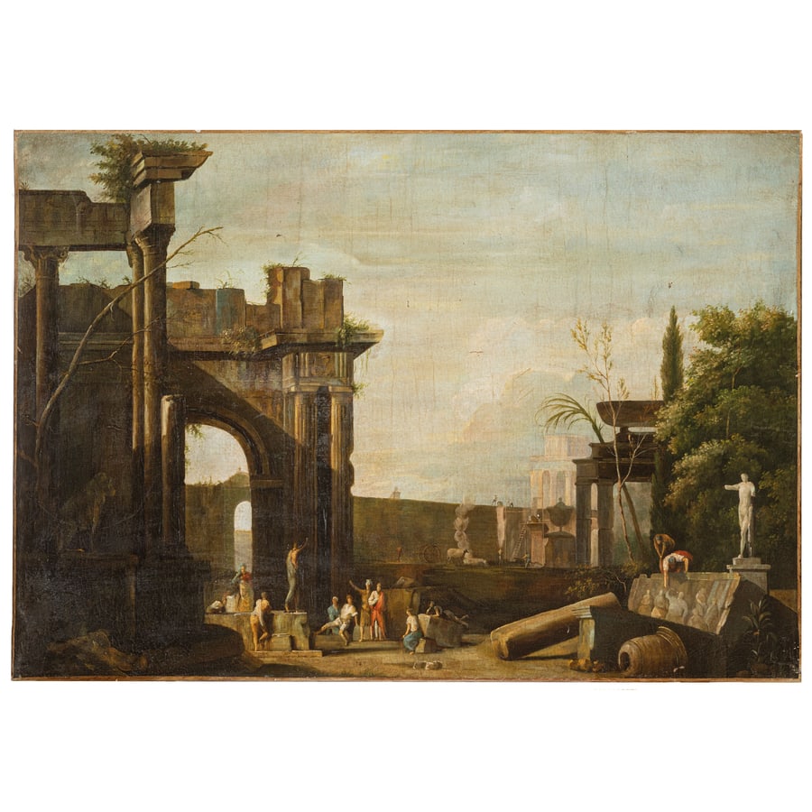 PITTORE DEL XVIII SECOLO: Capriccio architettonico Olio su tela, cm 70X100