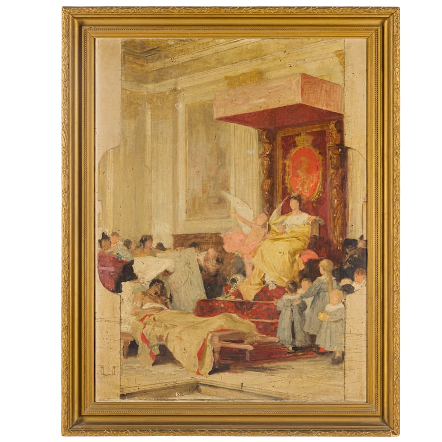 NICOLO BARABINO: (Sampierdarena, 1832 - Firenze, 1891) La Munificenza (bozzetto per il dipinto nel Palazzo Municipale di Genova) Olio e matita su tela, cm 83,5X62 Il dipinto è stato dichiarato di straordinario in