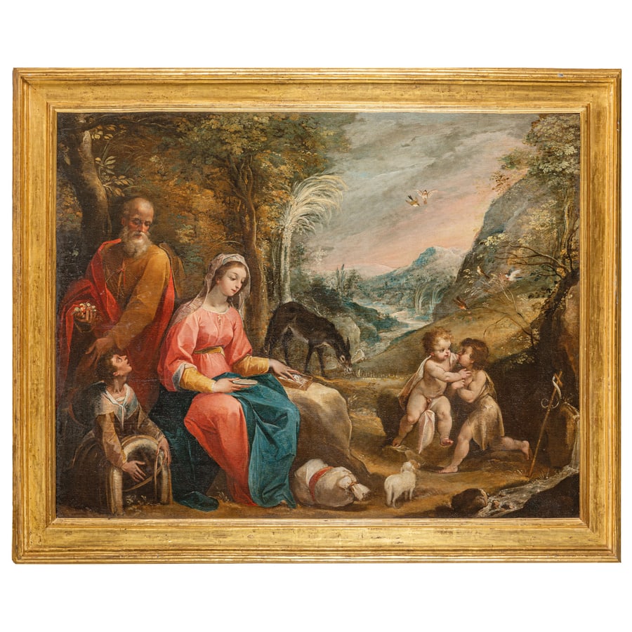 GIUSEPPE CESARI detto il CAVALIER D'ARPINO: (Arpino, 1568 - Roma, 1640) Riposo nella fuga in Egitto (1595 circa) Olio su tela, cm 140X180 Provenienza: New York, Sotheby's, 29 gennaio 2015, lotto 360 Collezione privata Bibliografia: M. S. Bolzon