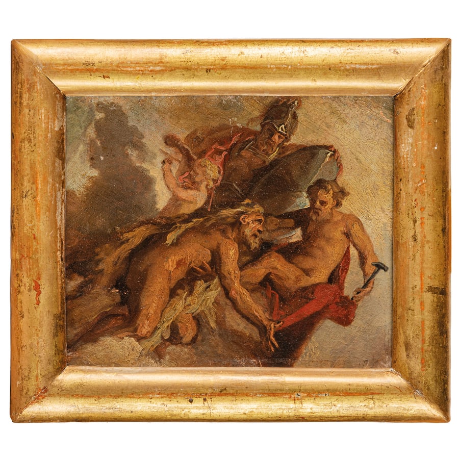 GIOVANNI ANTONIO PELLEGRINI: (Venezia, 1675 - 1741) Marte e Vulcano con Cronos e amorino Olio su tavola, cm 16X19 Ricondotto al catalogo di Giovanni Antonio Pellegrini da Anna Bozena Kowalczyk, la tavola qui presentata è un 