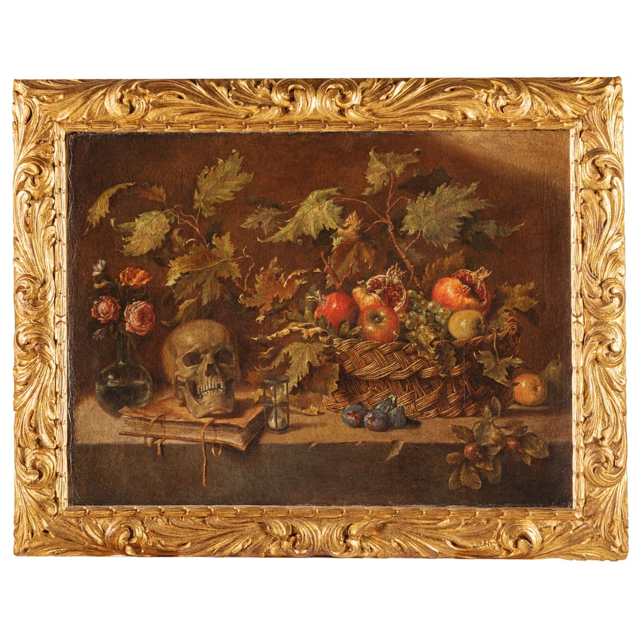 MAESTRO DELLA NATURA MORTA ACQUAVELLA: (attivo a Roma nella prima metà del XVII secolo) Natura morta con Vanitas Olio su tela, cm 70,5X96,5 L'opera è corredata da certificato CAS (Certificato di Avvenuta Spedizione). The painting