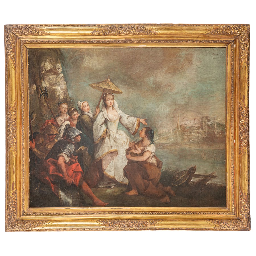 PIETRO FALCA detto PIETRO LONGHI: (Venezia, 1701 - 1785) Mosè salvato dalle acque Olio su tela, cm 79X99 Provenienza: Venezia, collezione di Don Gioacchino Colonna, principe di Stigliano Roma, Galleria S.A.L.G.A., 22 maggio