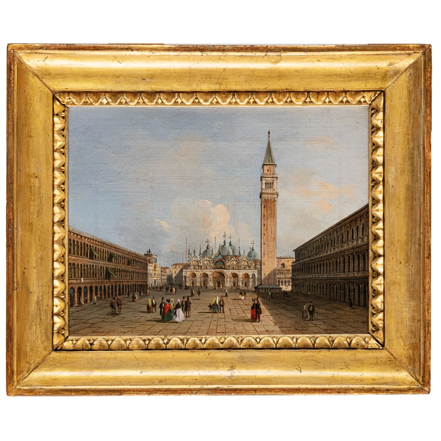 GIUSEPPE BERNARDINO BISON: (Palmanova, 1762 - Milano, 1844) Piazza San Marco vista verso est in direzione della Basilica Olio su tela, cm 20X27,5 Provenienza: Collezione privata Formatosi all'Accademia di Venezia, Giuseppe