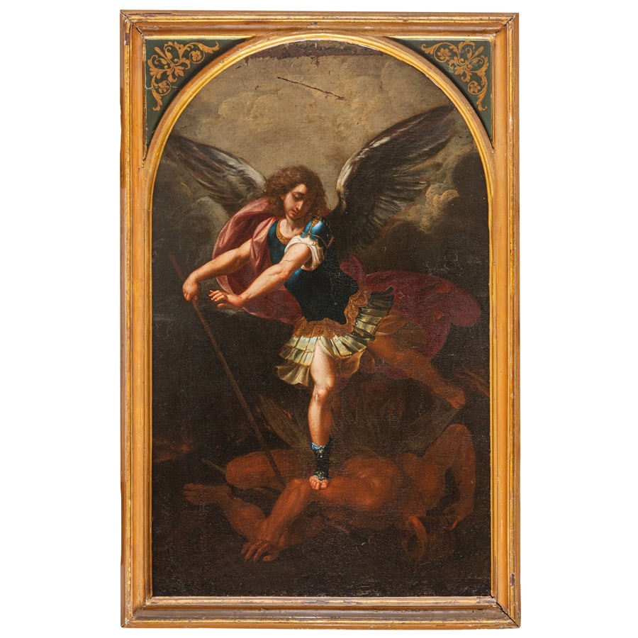 NICOLA MANGIOTTI: (documentato a Roma dal 1620 al 1640) San Michele Arcangelo combatte Lucifero Olio su tela, cm 100,5X62,5 Provenienza: Roma, collezione privata Nel 1929 il dipinto fu attribuito da Roberto Longhi a
