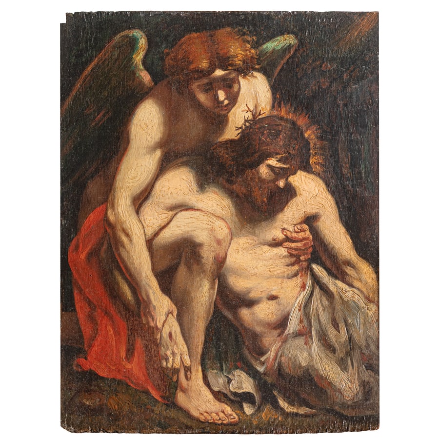 PITTORE CARAVAGGESCO DEL XIX SECOLO: Cristo sorretto da un angelo Olio su tavola, cm 25,3X19,4 L'opera è corredata da certificato CAS (Certificato di Avvenuta Spedizione). The painting is accompanied by a CAS certificate