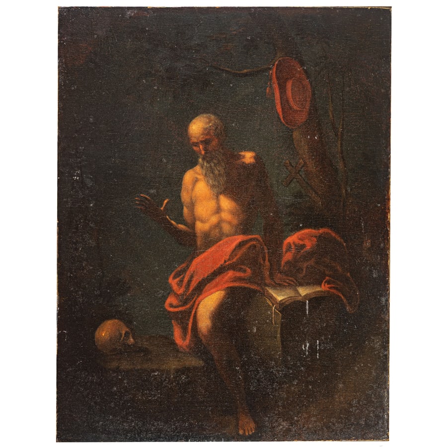 PITTORE CARAVAGGESCO DEL XVII SECOLO: San Girolamo Olio su tela, cm 49,5X38 Provenienza: Collezione privata Riferito a Pietro Paolini (Lucca, 1603 ; 1682) nella collezione di provenienza per l'evidente carattere iconografico e le