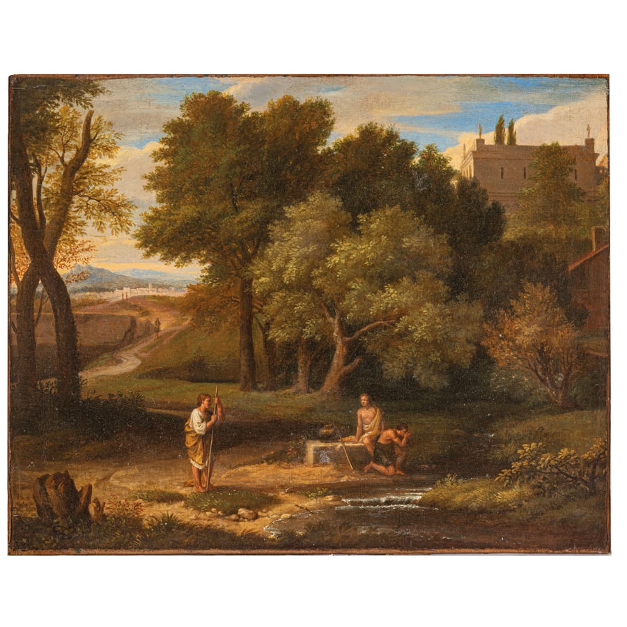 JEAN FRAN?OIS MILLET (attr. a): (Anversa, 1642 - Parigi, 1679) Paesaggio Olio su tela, cm 45,4X57,2 Provenienza: Collezione privata Questo elegante paesaggio di gusto italianizzante è una testimonianza della qualità