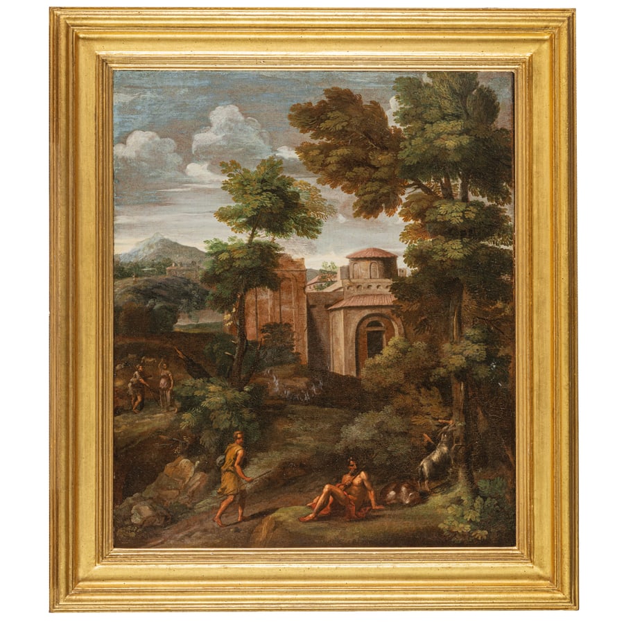 CRESCENZO ONOFRI: (Roma, 1634 - Firenze, 1714) Paesaggio classico con architetture e figure Olio su tela, cm 73,5X63,5 Provenienza: Collezione privata Non è cosa agevole distinguere le opere di Crescenzo Onofri