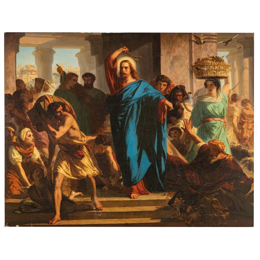 PITTORE DEL XVIII-XIX SECOLO: La cacciata dei mercanti dal tempio Olio su tela, cm 112X144,2 L'opera è corredata da certificato CAS (Certificato di Avvenuta Spedizione). The painting is accompanied by a CAS certificate