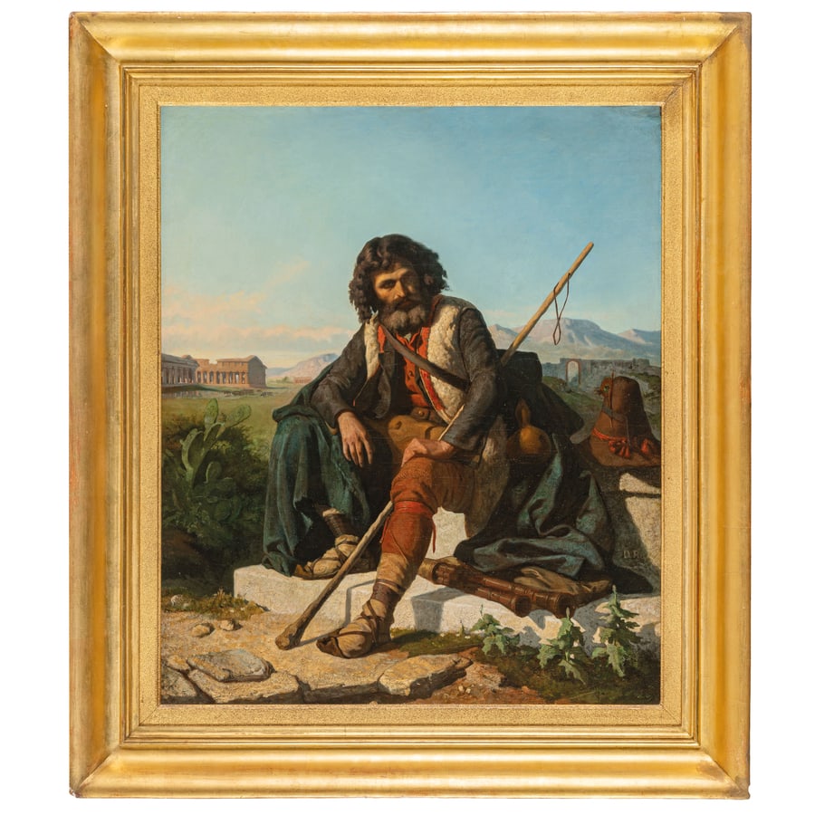 CHARLES DIODORE RAHOULT: (Grenoble, 1819 - 1874) Pastore nella piana di Paestum Monogrammato DR in basso a destra Olio su tela, cm 76X62,2 Provenienza: Londra, Callisto Fine Arts (2020/