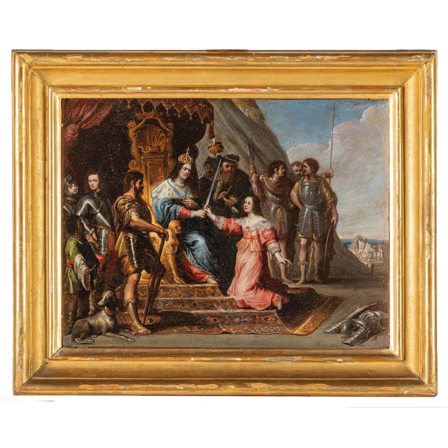 VINCENZO MAL: (Cambrai, 1600 - Roma, 1650) Ester e Assuero, come Allegoria della Giustizia Olio su rame, cm 30X39,4 L'opera è corredata da certificato CAS (Certificato di Avvenuta Spedizione). The painting is
