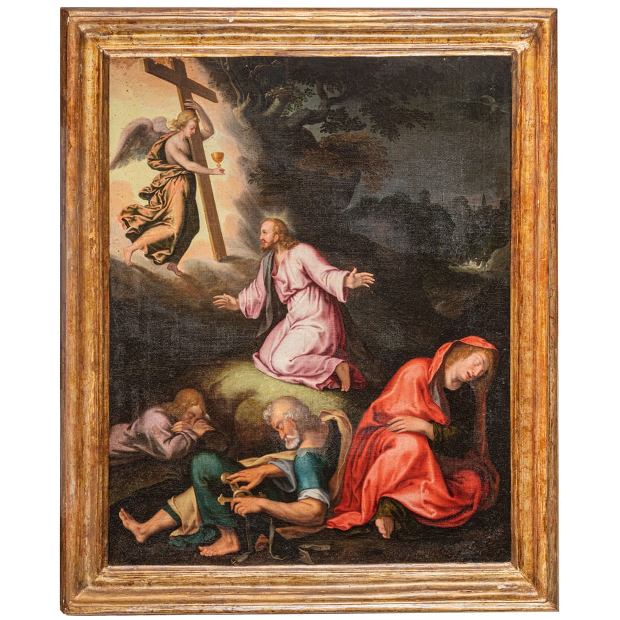 FEDERICO ZUCCARI (bottega di): (Sant'Angelo in Vado, 1539 - Ancona, 1609) Gesù nell'orto degli ulivi Olio su tela, cm 70X56,5 Provenienza: Collezione privata Il dipinto raffigura Gesù nell'orto degli ulivi e i dati