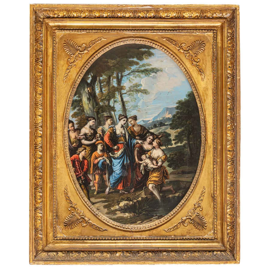 PITTORE DEL XVIII SECOLO: Il ritrovamento di Mosè La strage degli innocenti Olio su tavola ovale, cm 41,5X30,5 (2) Provenienza: Collezione privata